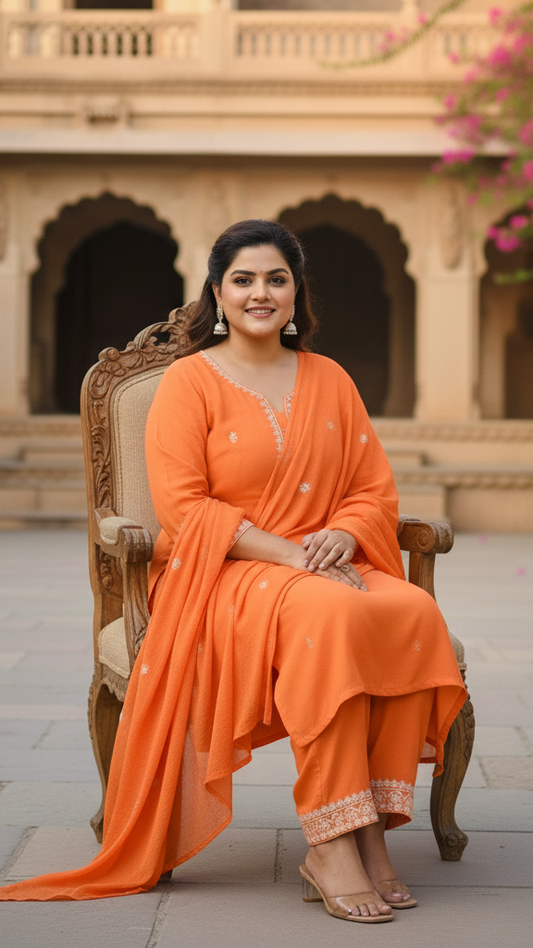 Zesty Orange Cotton Kurta Set with Intricate White Thread Work Embroidery