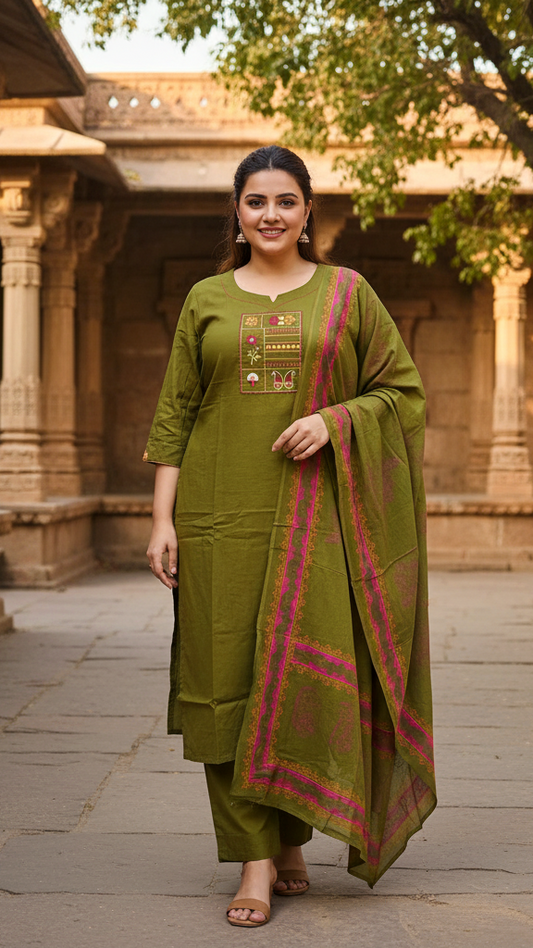 Classic Olive Green Cotton Kurta Set with Tribal-Inspired Embroidered Yoke and Printed Dupatta