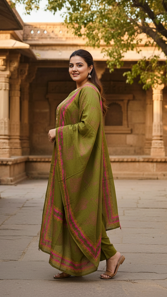 Classic Olive Green Cotton Kurta Set with Tribal-Inspired Embroidered Yoke and Printed Dupatta