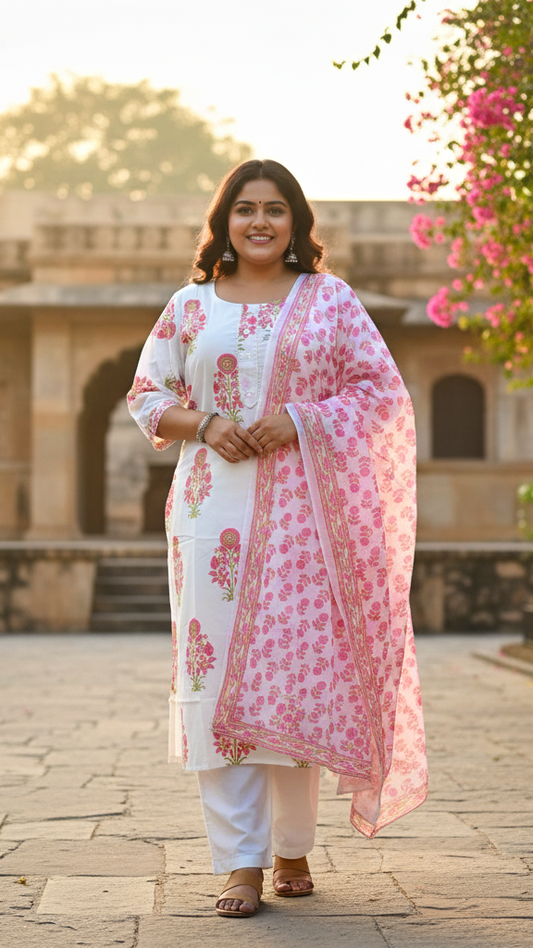 Charming White & Pink Floral Block Print Kurta Set with Matching Patterned Dupatta