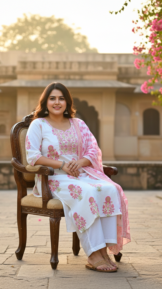 Charming White & Pink Floral Block Print Kurta Set with Matching Patterned Dupatta