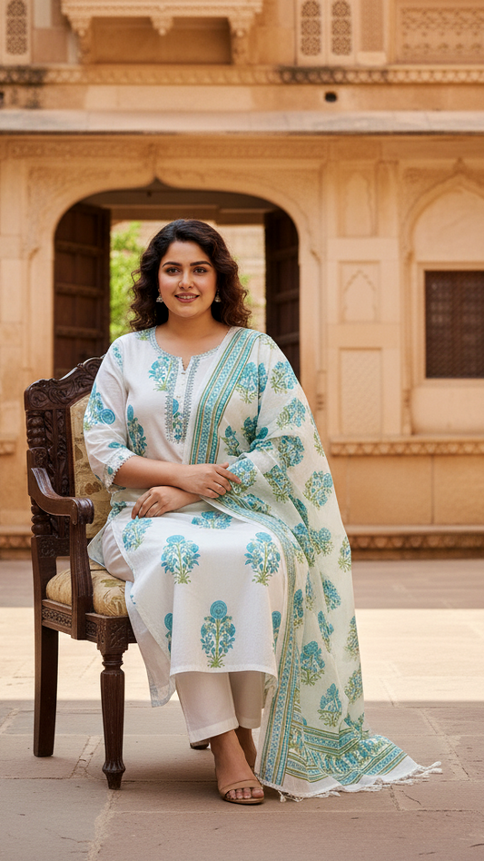 Fresh White & Aqua Blue Floral Block Print Cotton Kurta Set with Tassel Dupatta