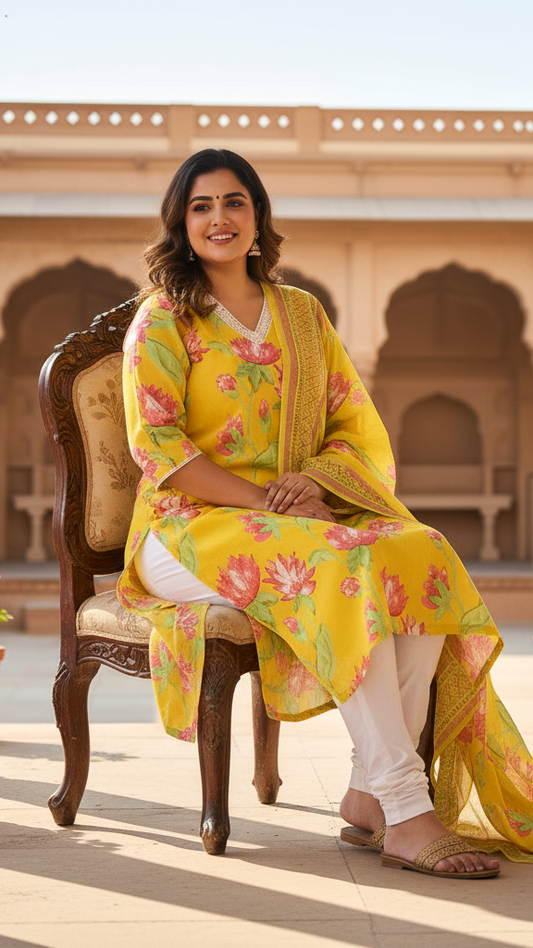 Sunny Yellow Floral Printed Rayon Kurta Set with Pink Lotus Print and White Contrast Trousers