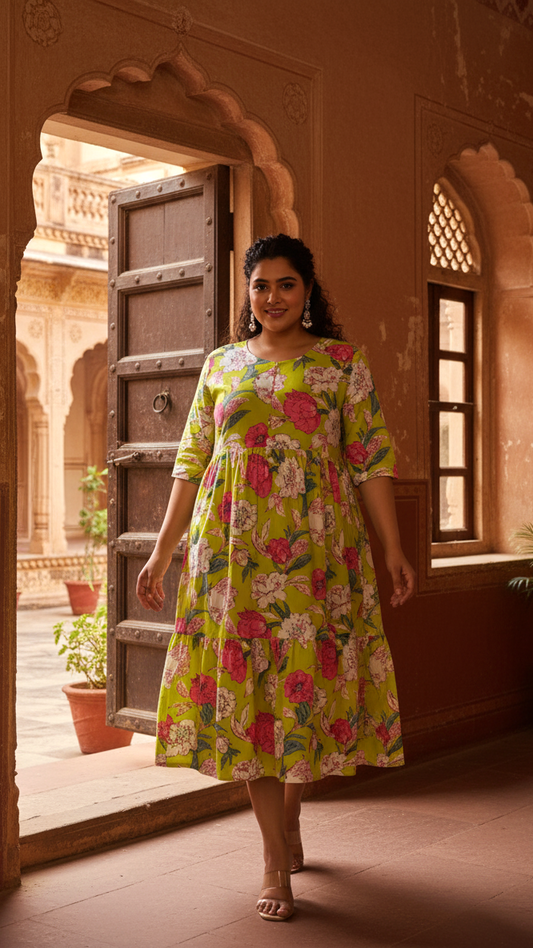 Plus Size Lime Green Tiered Floral Print Midi Dress