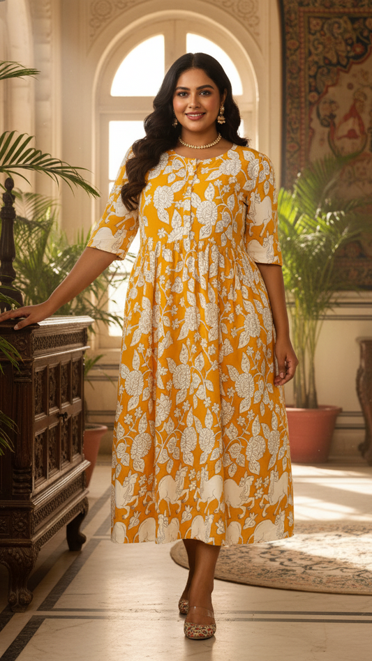 Mustard Yellow Animal Motif Plus Size Long Tunic Dress