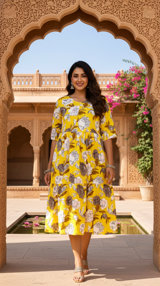 Plus Size Sunny Yellow Floral Gathers Cotton Dress