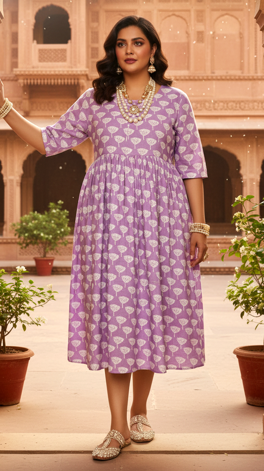 Lavender Tree Motif Plus Size V-Neck Cotton Dress