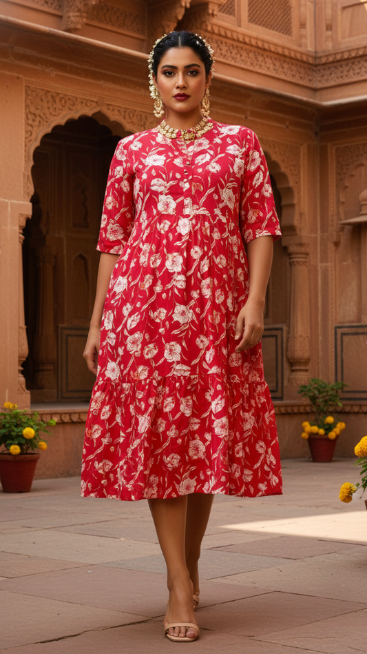 Plus Size Bright Red & White All-over Floral Midi Dress