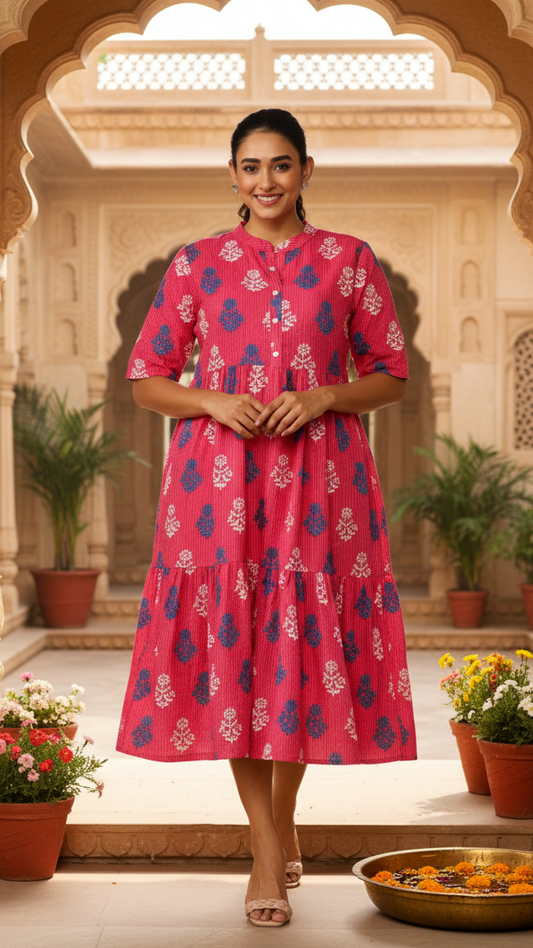 Rani Pink Block Print Plus Size Tiered Dress with Mandarin Collar