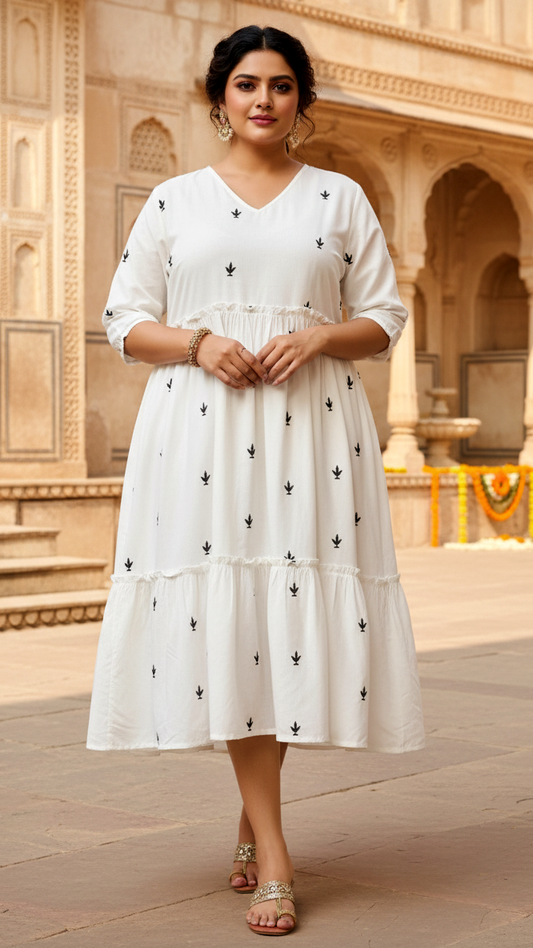 Plus Size White Embroidered Gown Style Tiered Dress