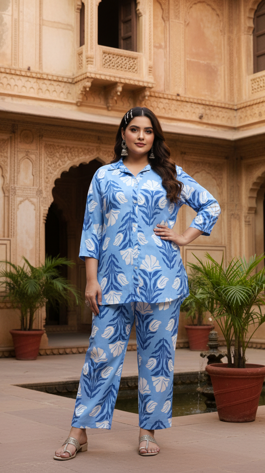 Plus Size Blue & White Geometric Shirt & Trouser Set