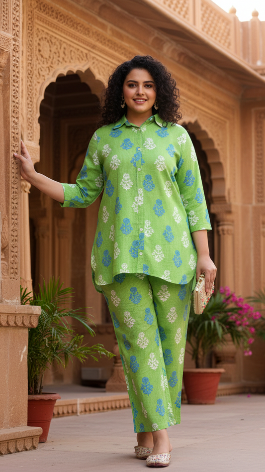 Curvy Fit Lime Green & Buti Print Two-Piece Set
