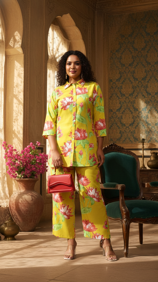 Plus Size Sunny Yellow Lotus Print 2-Piece Set
