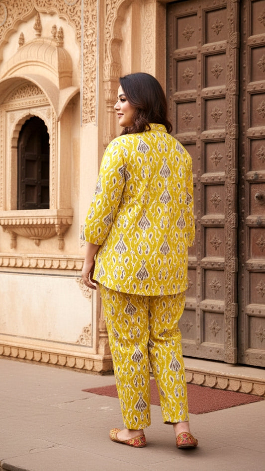 Plus Size Mustard Printed Cotton Co-ord Set – Comfortable Everyday Wear for Women