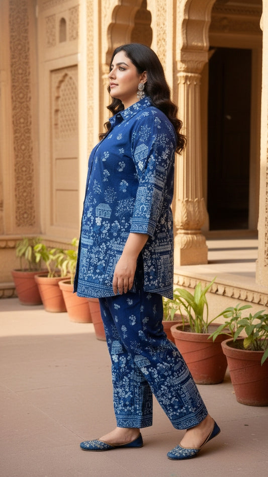 Plus Size Indigo Cotton Co-ord Set – Comfortable Party Wear for Women