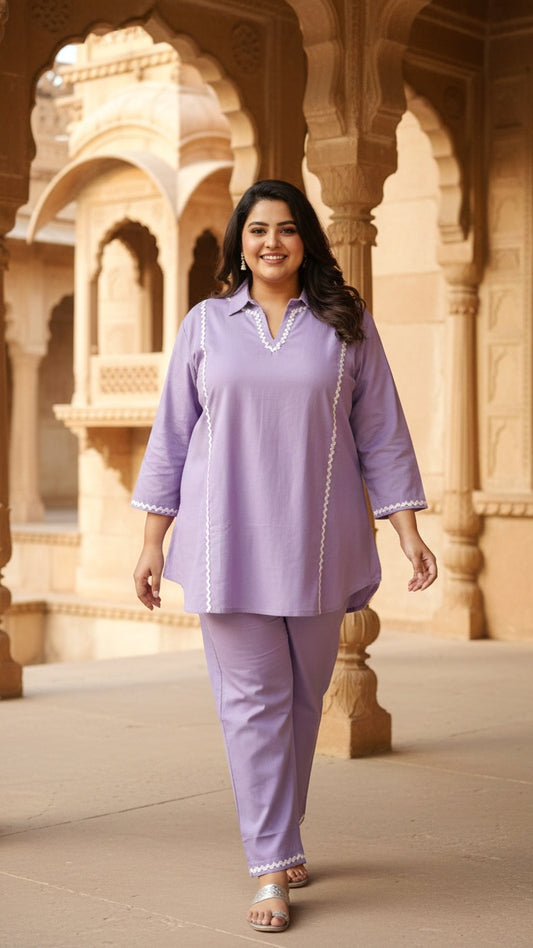 Plus Size Purple Solid Cotton Co-ord Set – Comfortable Everyday Wear for Women