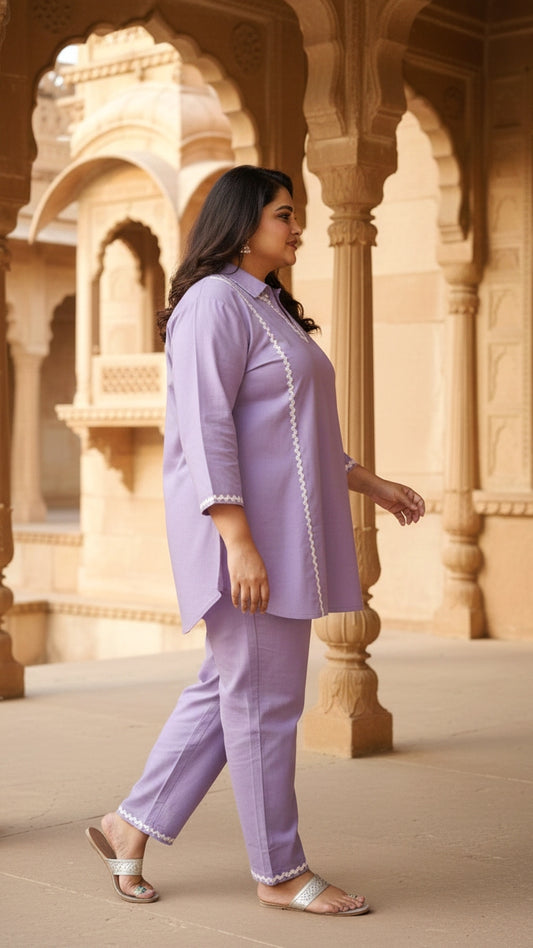 Plus Size Purple Solid Cotton Co-ord Set – Comfortable Everyday Wear for Women