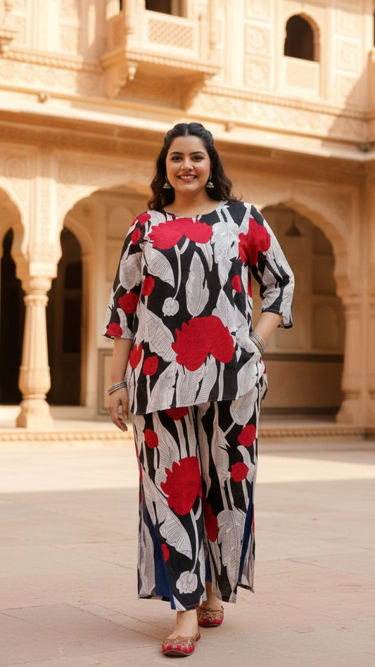 Plus Size Red & White Cotton Co-ord Set – Comfortable Everyday Wear for Women