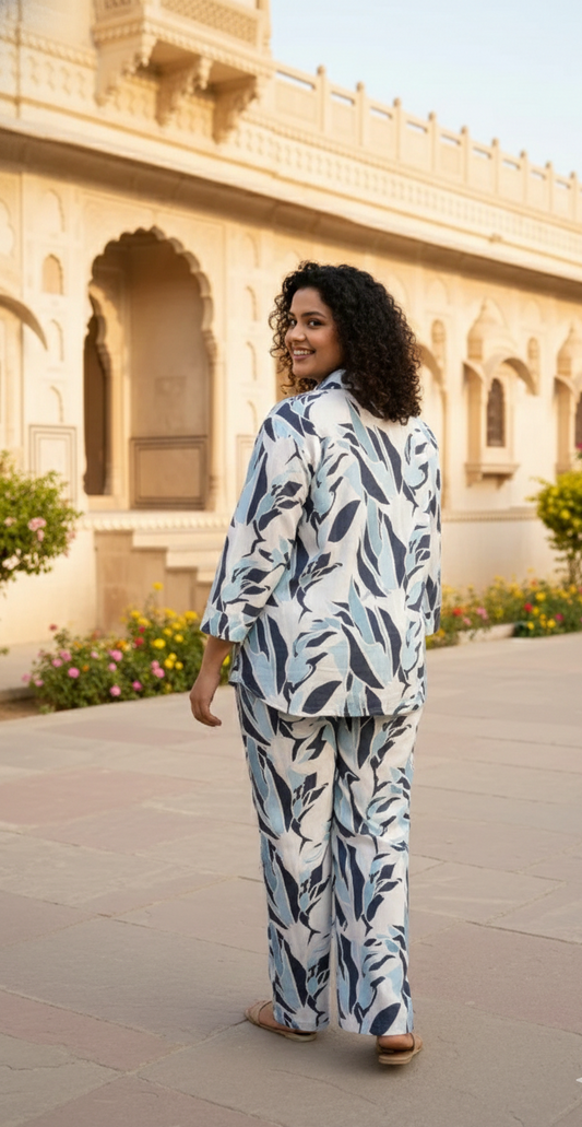 Blue & White Leaf Print Cotton Co-Ord Set for Women | Relaxed Fit Shirt & Pant Set
