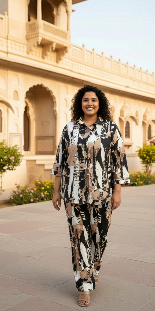 Black & Beige Abstract Print Co-Ord Set for Women | Relaxed Fit Shirt Top & Pant Set