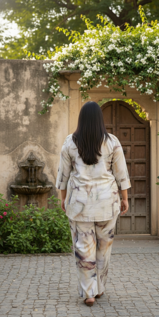 Beige Marble Print Co-Ord Set for Women | Elegant Shirt Top & Straight Pant Set