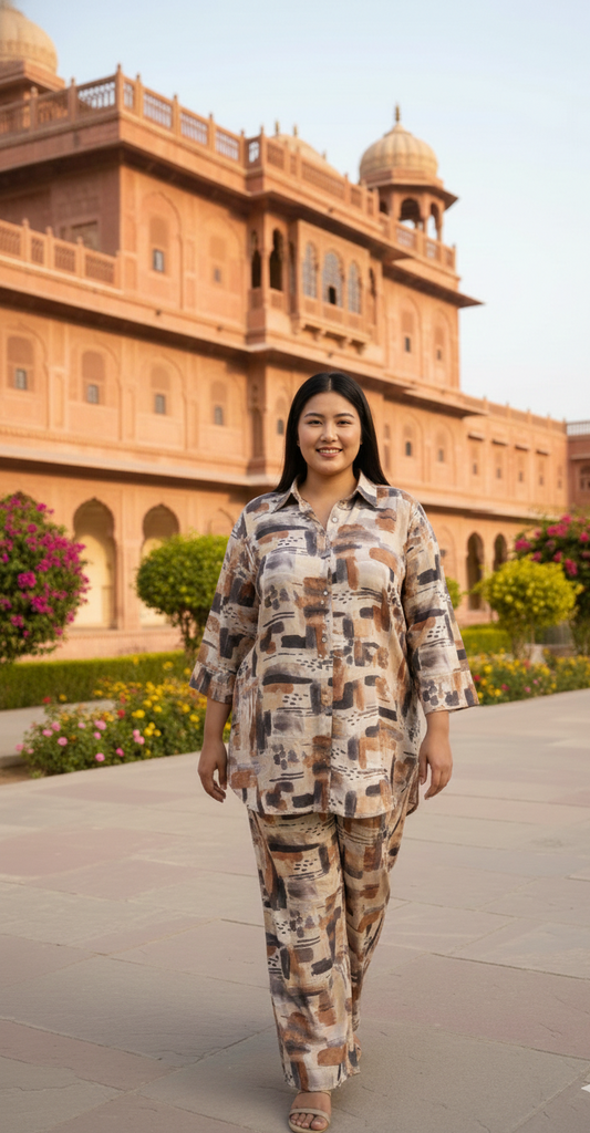 Brown & Beige Abstract Print Co-Ord Set for Women | Relaxed Fit Shirt Top & Pant Set