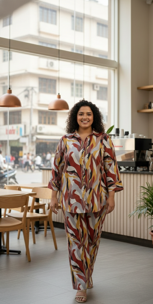 Rust Abstract Printed Co-Ord Set for Women | Casual Shirt & Pant Set