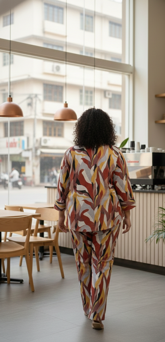 Rust Abstract Printed Co-Ord Set for Women | Casual Shirt & Pant Set