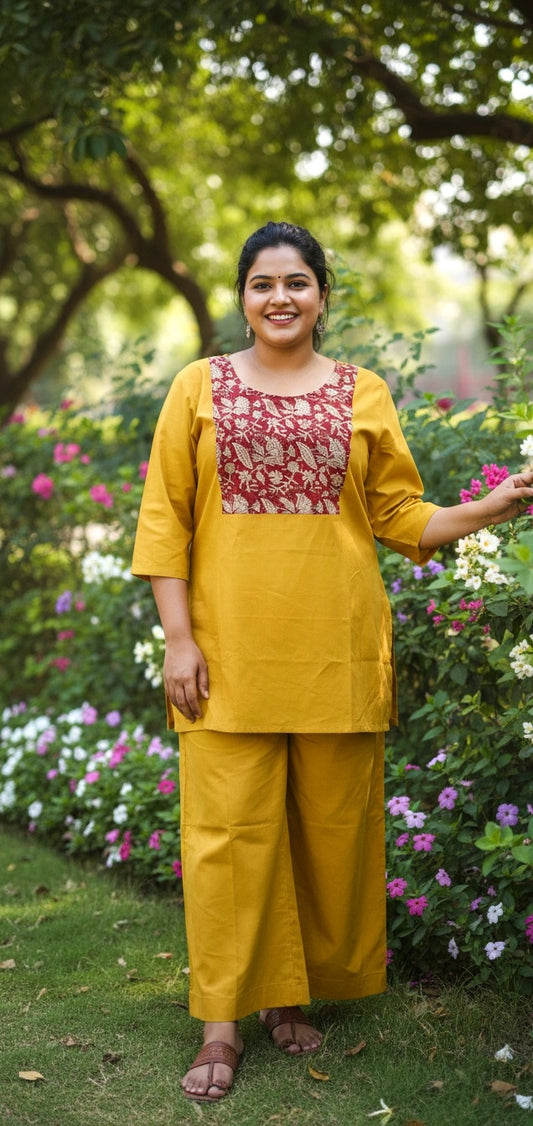 Women’s Mustard Yellow Kurta Pant Set with Printed Yoke | Comfortable Straight Kurta & Wide Pants
