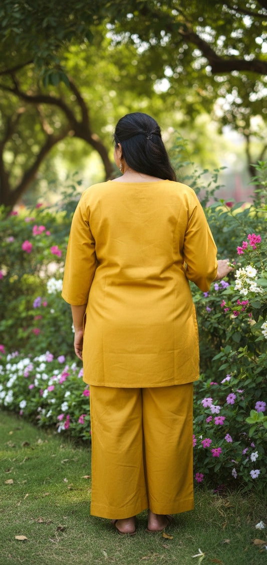 Women’s Mustard Yellow Kurta Pant Set with Printed Yoke | Comfortable Straight Kurta & Wide Pants