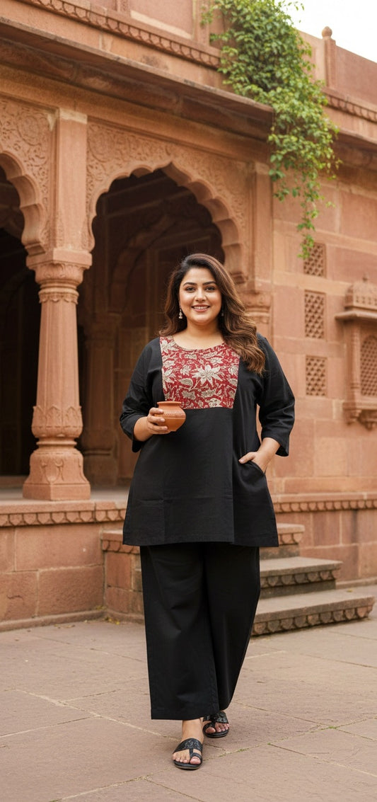 Women’s Black Kurta Pant Set with Printed Yoke | Straight Fit Kurta & Wide-Leg Pants Ethnic Wear