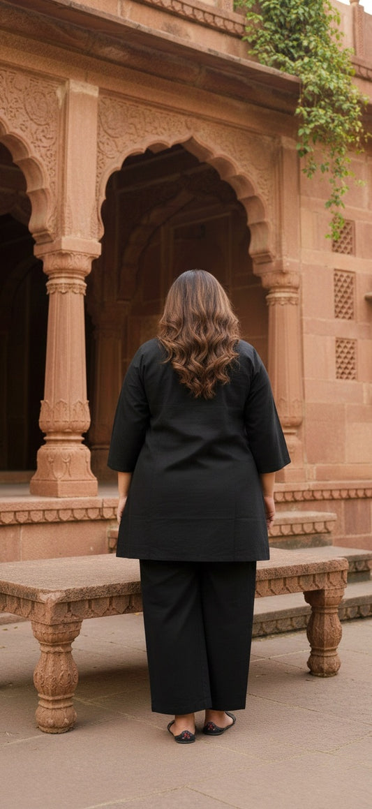 Women’s Black Kurta Pant Set with Printed Yoke | Straight Fit Kurta & Wide-Leg Pants Ethnic Wear