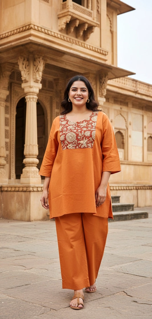 Women’s Rust Orange Kurta Pant Set with Printed Yoke | Straight Fit Kurta & Wide-Leg Pants Ethnic Wear