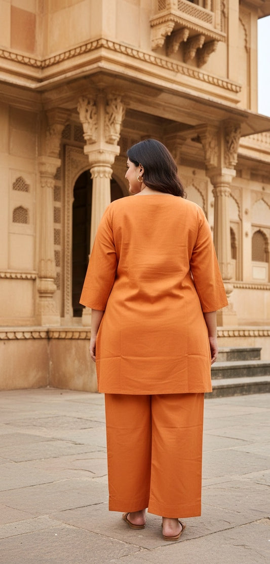 Women’s Rust Orange Kurta Pant Set with Printed Yoke | Straight Fit Kurta & Wide-Leg Pants Ethnic Wear