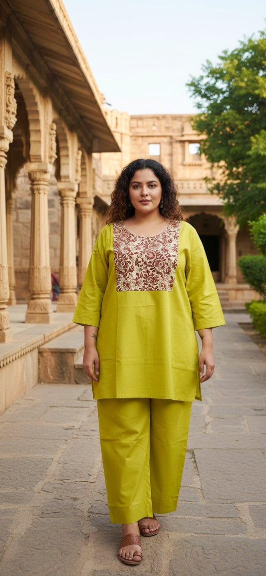 Women’s Lime Green Kurta Pant Set with Printed Yoke | Straight Fit Kurta & Wide-Leg Pants Ethnic Wear