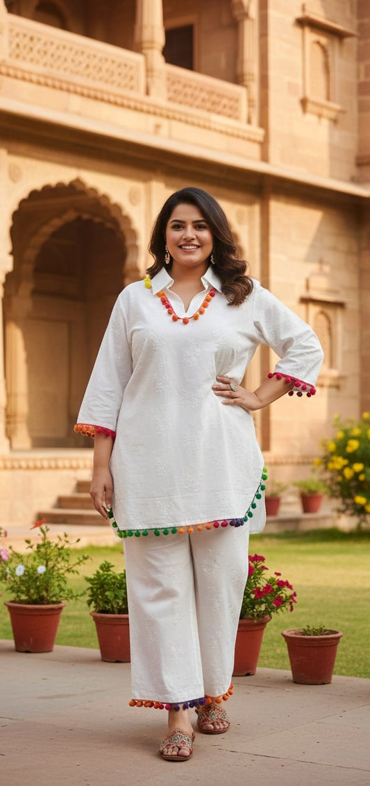 Women’s White Kurta Pant Set with Colorful Pom-Pom Border | Straight Fit Ethnic Co-Ord Set