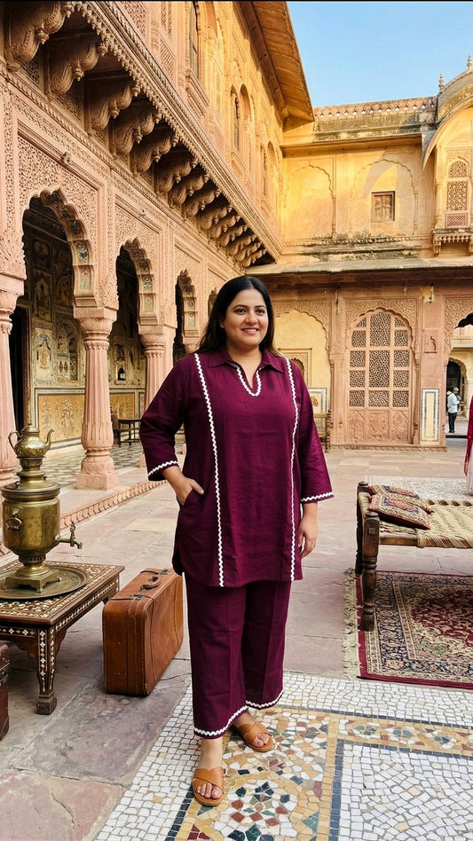 Plus Size Wine Cotton Co-ord Set with Contrast Lace Detailing | Elegant Ethnic Co-ords for Women