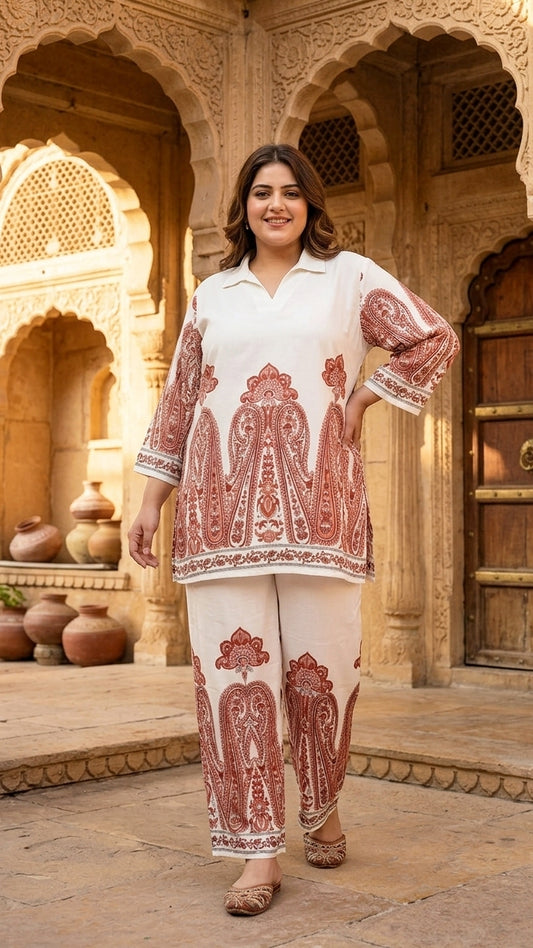 Plus Size Off-White Cotton Printed Co-ord Set with Ethnic Motif Design | Elegant Casual Co-ords for Women