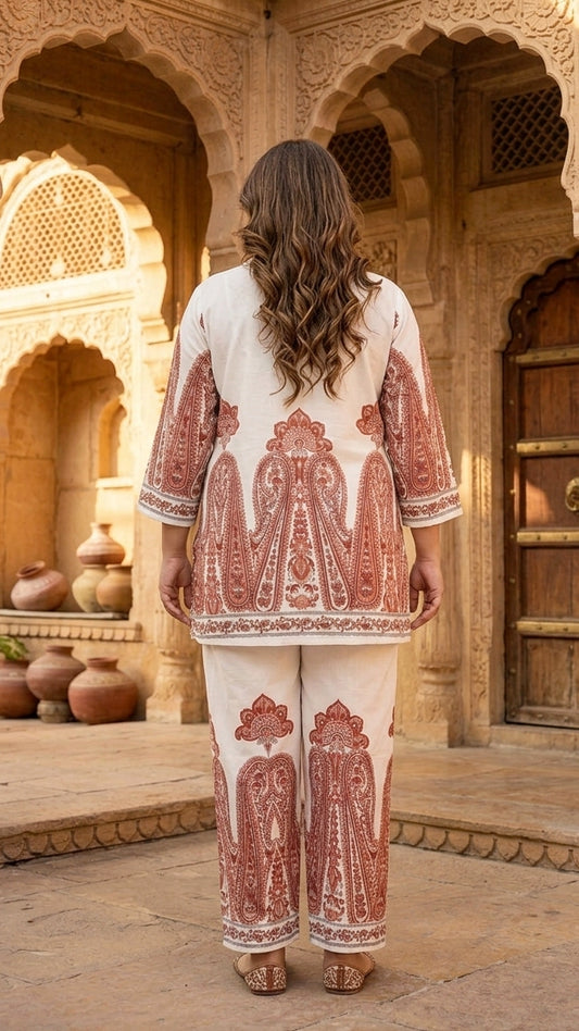 Plus Size Off-White Cotton Printed Co-ord Set with Ethnic Motif Design | Elegant Casual Co-ords for Women