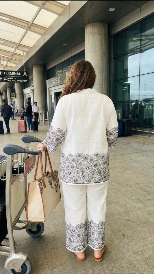 Plus Size White Cotton Co-ord Set with Black Floral Print | Travel-Friendly Casual Co-ords for Women