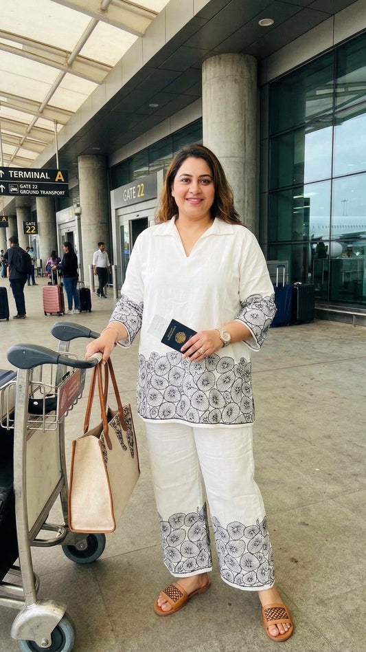 Plus Size White Cotton Co-ord Set with Black Floral Print | Travel-Friendly Casual Co-ords for Women