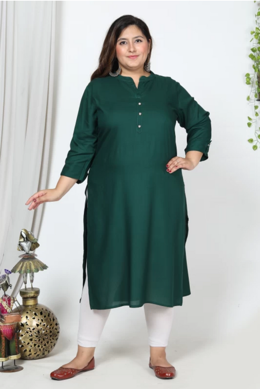 Women Solid Cotton Blend Straight Kurta (100016-Green)