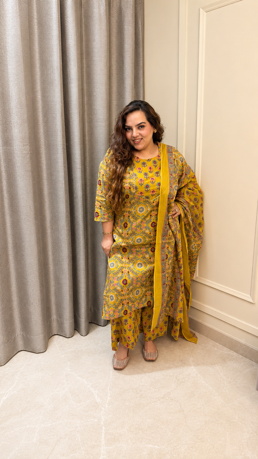 Mustard Cotton Printed Kurta Set with Dupatta | 3-Piece Ethnic Suit for Women | Kurta Pant Dupatta Set