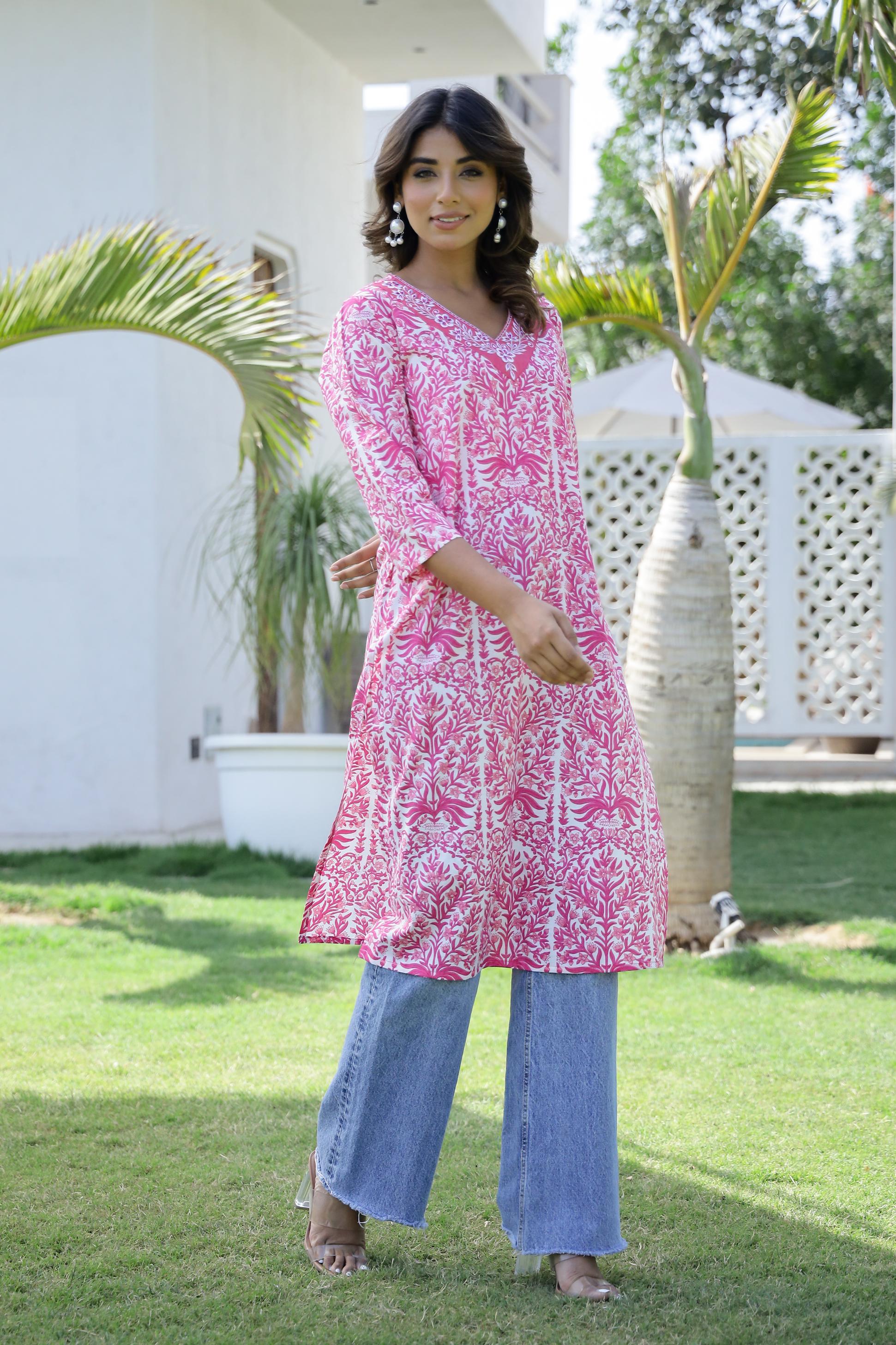Cotton Embroidered Straight Fit Kurti | | Shop stylish women's clothing online at Label Flavia |