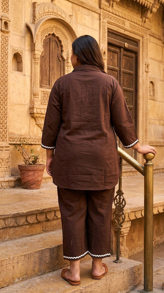 Modern Brown Rayon Co-Ord Set for Women | Minimal Solid Matching Set with Contrast Detailing | Chic Everyday Wear