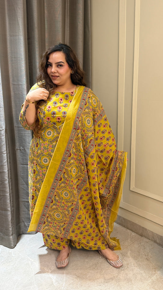 Mustard Cotton Printed Kurta Set with Dupatta | 3-Piece Ethnic Suit for Women | Kurta Pant Dupatta Set