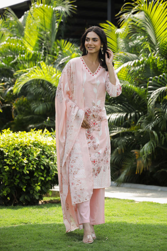 Pastel Pink Floral Print Cotton Kurta Set with Dupatta