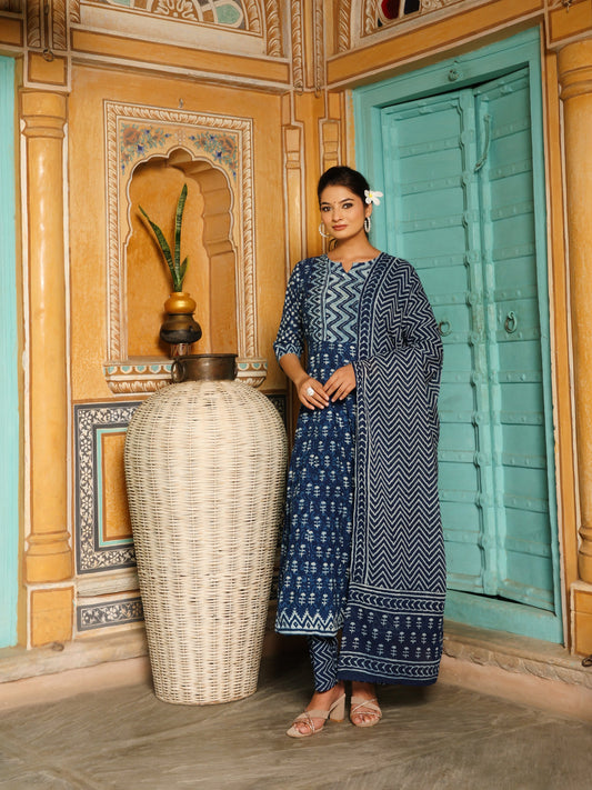 Deep Indigo Blue Geometric Print Cotton Anarkali Set Export to Sheets