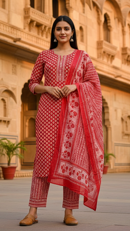 Vibrant Red & White All-Over Block Print Cotton Kurta Set with Border Detail Dupatta