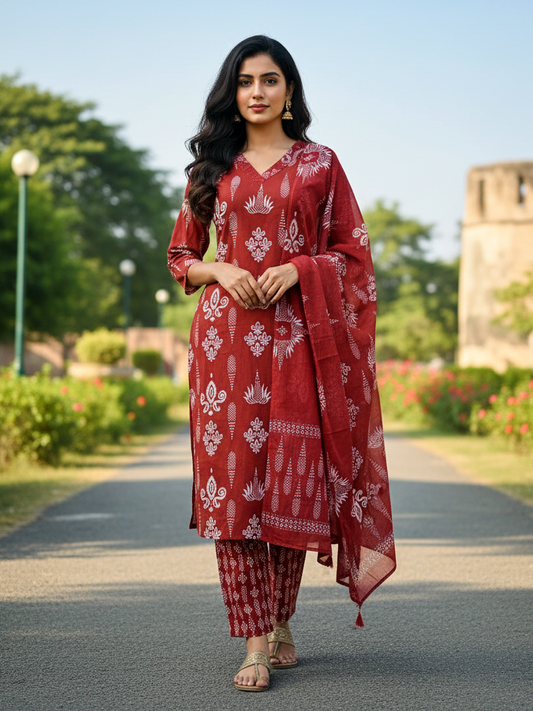 Rich Maroon Red Block Print Cotton Suit Set with All-Over Motif Print and Matching Dupatta